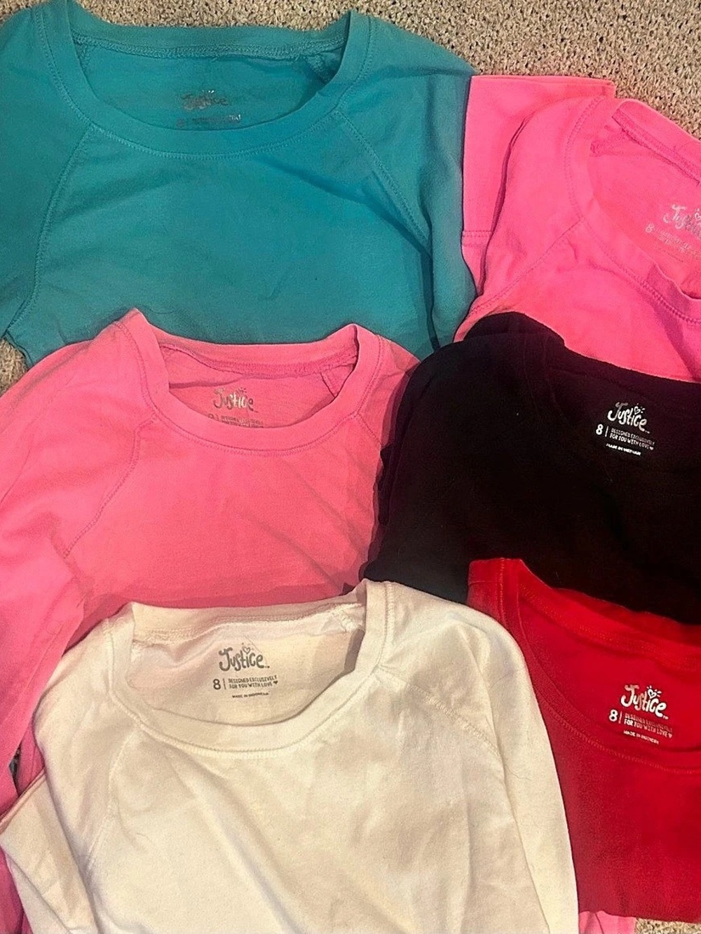 Girls Justice Bundle (6)Long Sleeve Cotton Tees Pink Teal Black White & Red Sz 8
